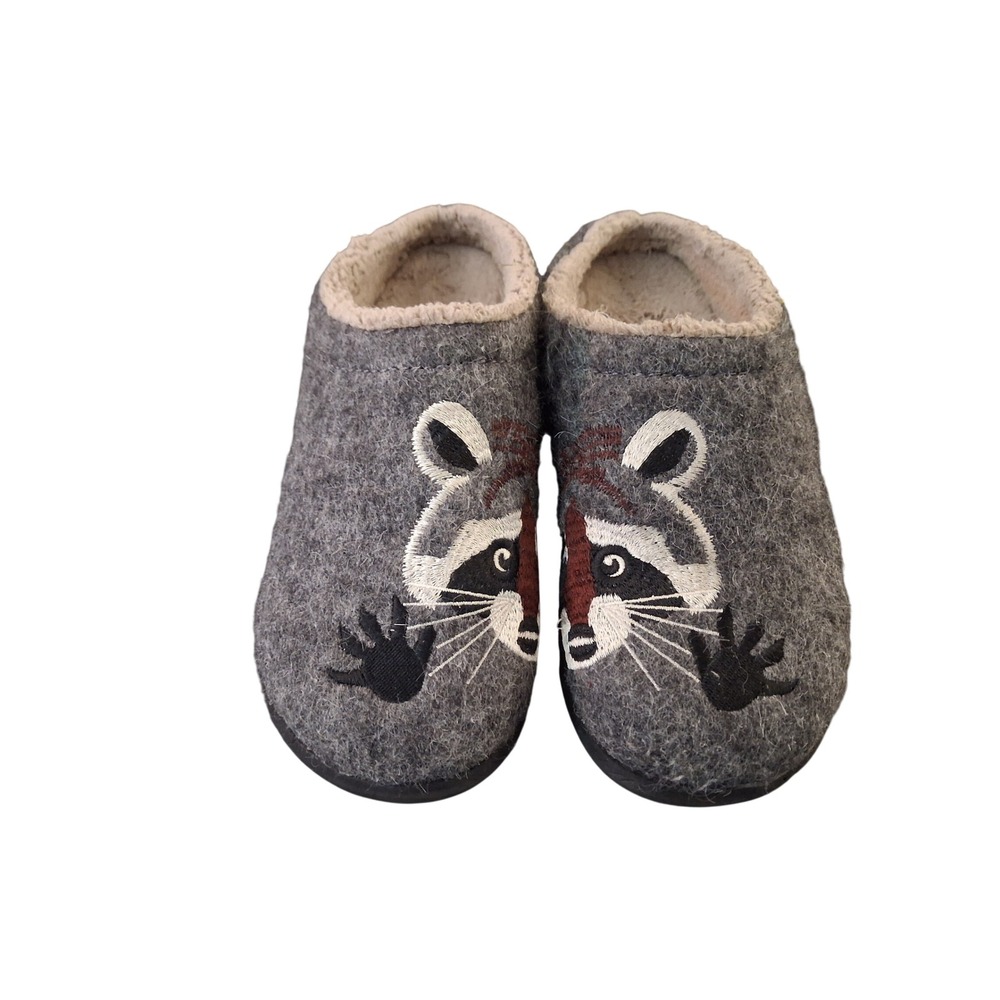 L.L.Bean Daybreak Scuff Raccoon Wool Slippers Gray Embroidered Woodland Womens 7